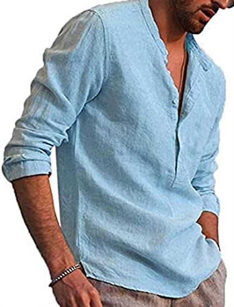 Mens V Neck Cotton Linen Henley Shirts Long Sleeve Banded Collar TShirt Loose Fit Summer Beach