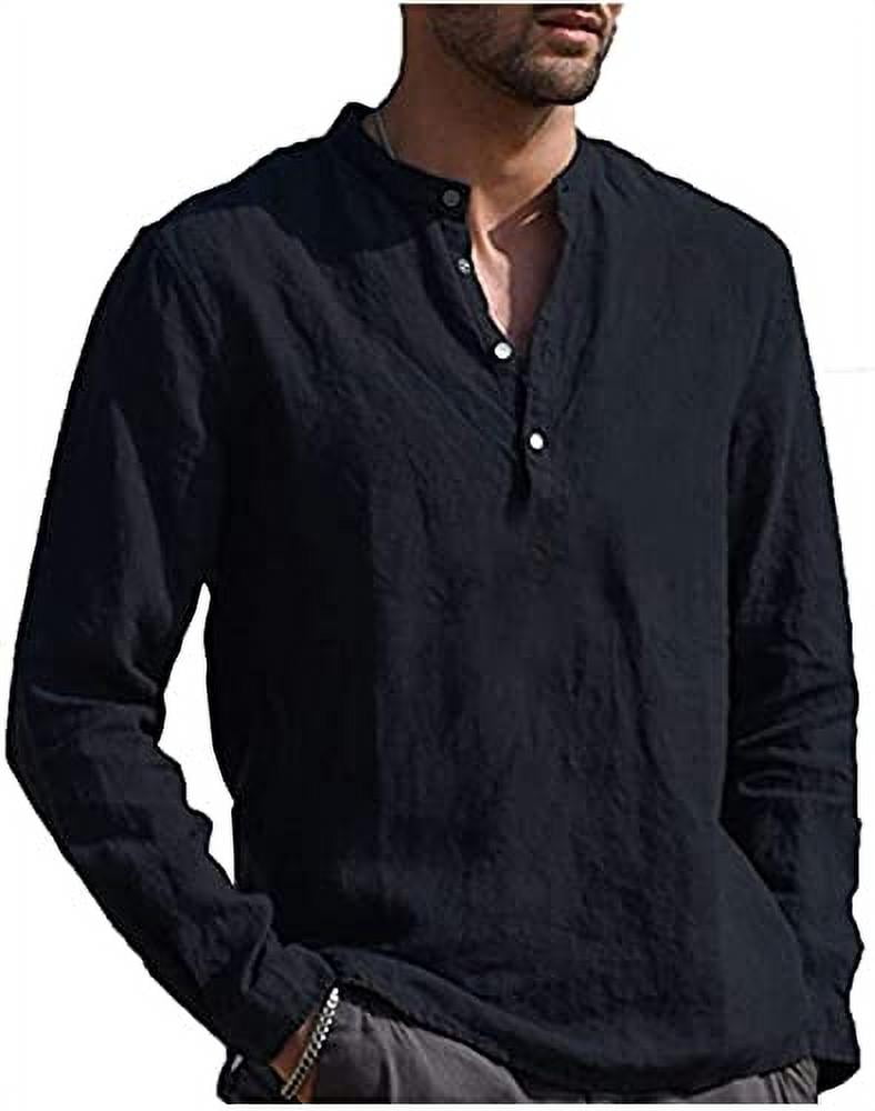 Mens V Neck Cotton Linen Henley Shirts Long Sleeve Banded Collar T ...