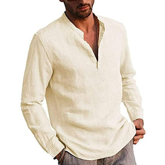 Mens V Neck Cotton Linen Henley Shirts Long Sleeve Banded Collar T-Shirt Loose Fit Summer Beach Tops
