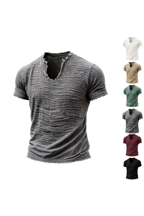 Mens V Neck Cotton Linen Short Sleeve Shirts Distressed Raw Edge Summer Vintage Tee Tops