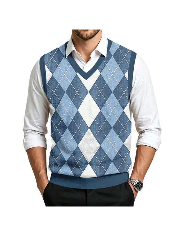 Mens V Neck Knit Sweater Vest Casual Commuter Pullover Sleeveless Wool Blend Argyle Plaid Pattern Holiday Style