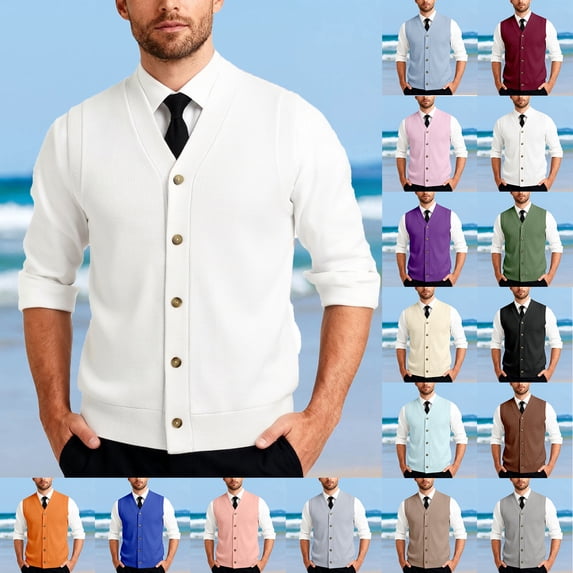 Mens V Neck Knitted Sweater Vest Sleeveless Button Down Cardigan Classic Business Casual Gilet Spring Fall Brown XXXL