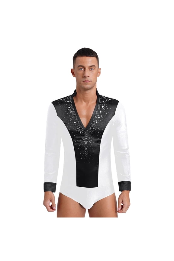Mens V Neck Latin Dance Leotard Shirt Bodysuit Top Glittery Rhinestones Gymnastics Figure Skating Ballroom Chacha Costume