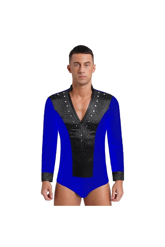 Mens V Neck Latin Dance Leotard Shirt Bodysuit Top Glittery Rhinestones Gymnastics Figure Skating Ballroom Chacha Costume