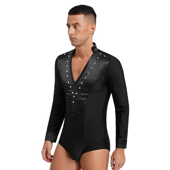 Mens V Neck Latin Dance Leotard Shirt Bodysuit Top Glittery Rhinestones Gymnastics Figure Skating Ballroom Chacha Costume