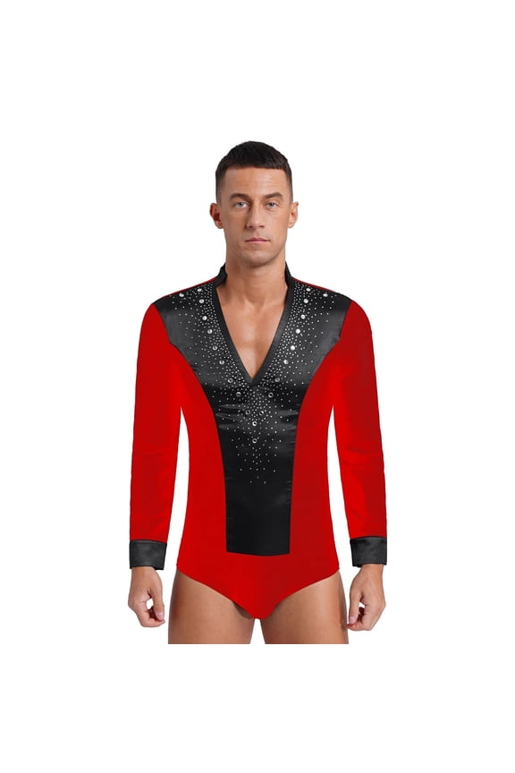 Mens V Neck Latin Dance Leotard Shirt Bodysuit Top Glittery Rhinestones Gymnastics Figure Skating Ballroom Chacha Costume
