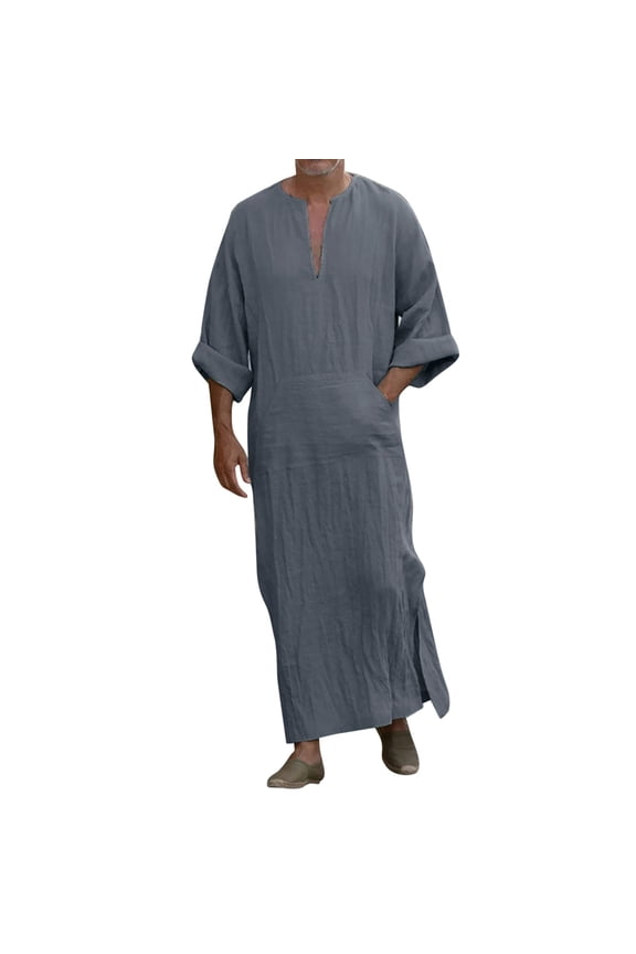 Mens V Neck Linen Long Sleeve Kaftan Thobe Long Gown Shirt Robe Casual Gown Men T Shirts for Men Mens Shirts All T Shirts for Men T Shirt Men Graphic Long Men T Shirt Shirt Pack for Men Classic T