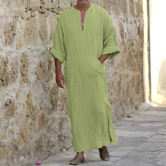 Mens V Neck Long Sleeve Kaftan Thobe Gown Tennis Shirt Casual Dress