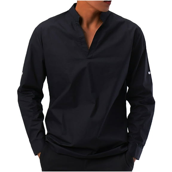 Mens V Neck Shirts Long Sleeve Smart Casual Plain Shirts Clearance Regular Fit Lapel Collar Grandad Shirt Non Iron Stretch Work Dress Shirt Office Oxford Formal Shirt