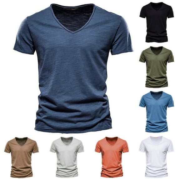 Mens V Neck Short Sleeve T Shirt Solid Color Cotton Basic Tees Tops Summer Hippie Clothes Streetwear, White, S, !