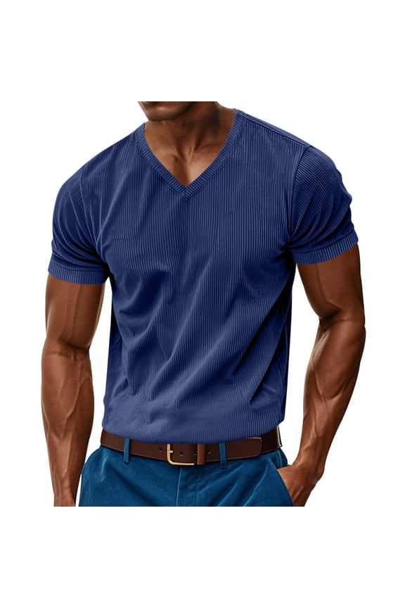 Mens V Neck Short Sleeve T-Shirts Muscle Fit Corduroy Cotton Blend Workout Athletic Tees Bodybuilding Fitness Tops Soft Stretch Ribbed Knit Training Activewear Summer
