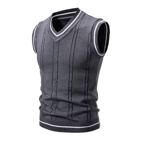 Mens V Neck Sleeveless Sweater Vest Wool Blend Cable Knit Pullover Casual Bussiness Knitwear Size M-3XL Gray