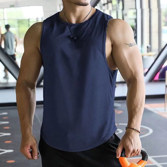 Mens V Neck Sleeveless Tank Tops Quick Dry Athletic Gym Muscle Tees, Lightweight Soft Workout Shirts Navy L