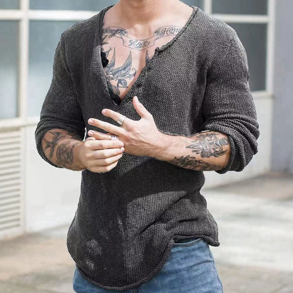 Mens V Neck Streetwear Solid Basic Loose Pullovers Slim Long Sleeve Thin Sweater