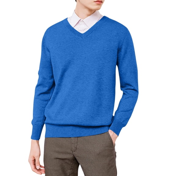 Mens V Neck Sweater Cable Knit Long Sleeve Casual Ribbed Pullover Sweaters Royal Blue L