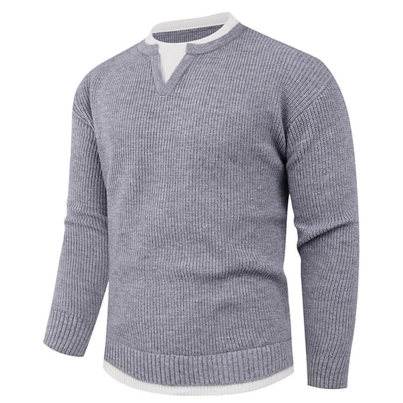 Mens V Neck Sweater Casual Cable Knit Slim Fit Pullover Long Sleeve Fall Winter Fake Two Piece Sweaters (3XL, Dark Gray)