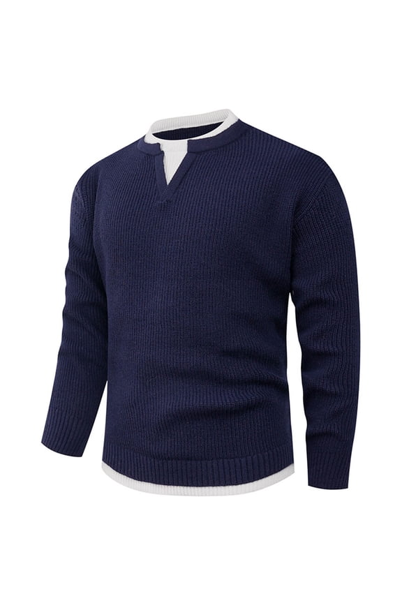 Mens V Neck Sweater Casual Cable Knit Slim Fit Pullover Long Sleeve Fall Winter Fake Two Piece Sweaters (3XL, Navy)