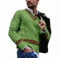thumbnail image 1 of Mens V Neck Sweater Casual Cable Knit Slim Fit Pullover Long Sleeve Fall Winter Sweaters Green XXL, 1 of 5