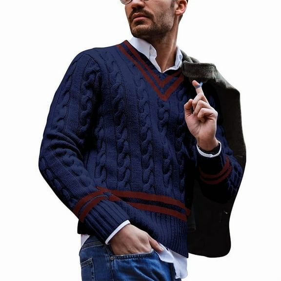 Mens V Neck Sweater Casual Cable Knit Slim Fit Pullover Long Sleeve Fall Winter Sweaters Navy Blue L