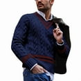 thumbnail image 1 of Mens V Neck Sweater Casual Cable Knit Slim Fit Pullover Long Sleeve Fall Winter Sweaters Navy Blue M, 1 of 5