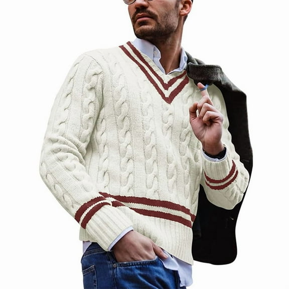Mens V Neck Sweater Casual Cable Knit Slim Fit Pullover Long Sleeve Fall Winter Sweaters White L