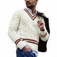 thumbnail image 1 of Mens V Neck Sweater Casual Cable Knit Slim Fit Pullover Long Sleeve Fall Winter Sweaters White XXL, 1 of 5