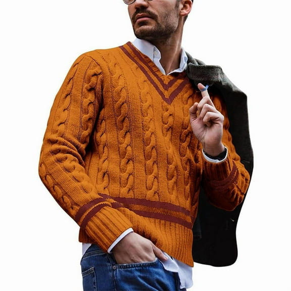 Mens V Neck Sweater Casual Cable Knit Slim Fit Pullover Long Sleeve Fall Winter Sweaters Yellow XXL