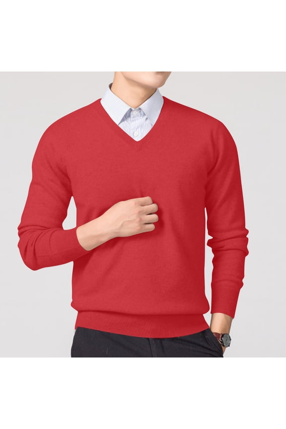 Mens V Neck Sweater Casual Office Work Outdoor Sweatshirts Fashion Long Sleeve Ribbed Knit Slim Fit Theraml Pullover Tops (XL, Red)