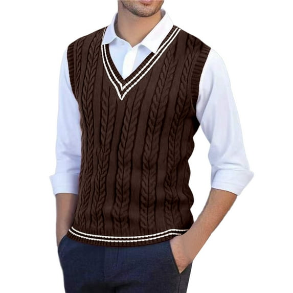 Mens V Neck Sweater Vest Cable Knitted Pullover Slim Fit Sleeveless Sweaters Color: Brown Size: M