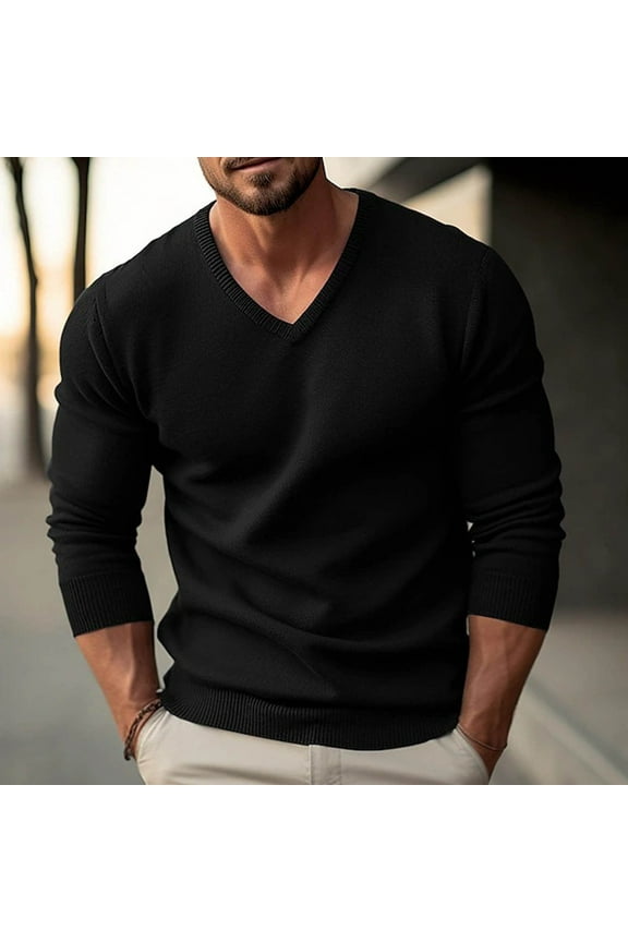 Mens V-Neck Sweaters Long Sleeve Gym Shirt Knit Stretchy Warm Thicken Pullover Sweaters