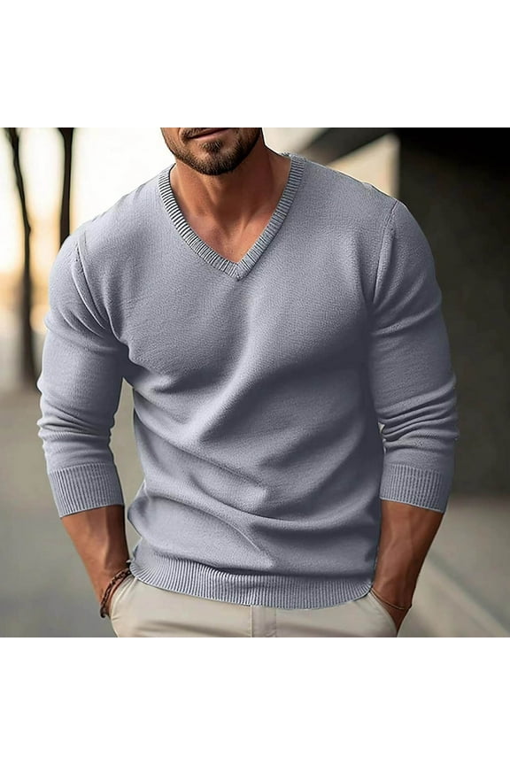 Mens V-Neck Sweaters Long Sleeve Gym Shirt Knit Stretchy Warm Thicken Pullover Sweaters