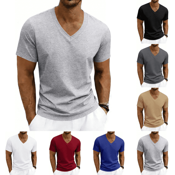 Mens V Neck T Shirts Athletic Casual Short Sleeve T-Shirt Breathable Lightweight Pure Color Summer Basic Tees T Shirt Light Gray M