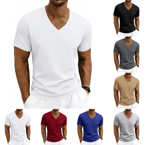 Mens V Neck T Shirts Athletic Casual Short Sleeve Tshirts Breathable Lightweight Pure Color Summer Basic Tees T-Shirts White 3XL