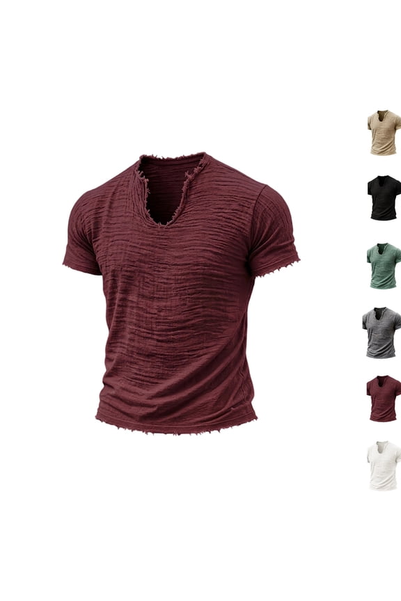Mens V Neck T Shirts Frayed Edge Short Sleeve Tshirts Breathable Summer T-Shirts Wokout Sport Tees Daily Clothes ,XXL,Wine