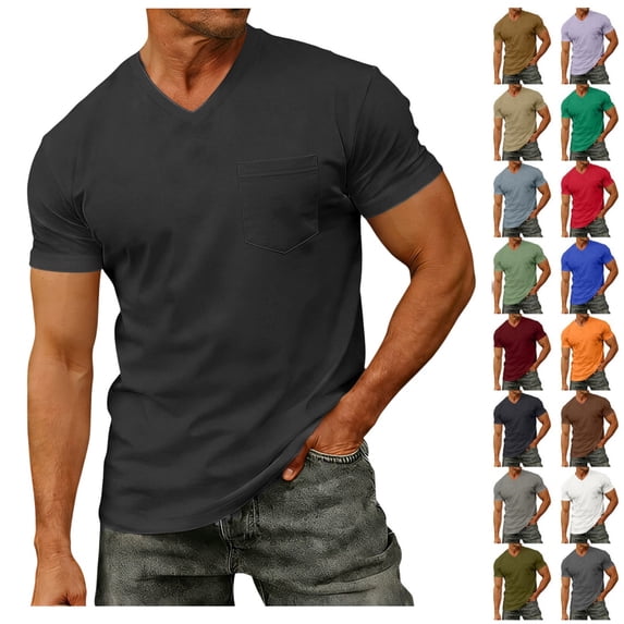 Mens V Neck T Shirts Solid Loose Basic Tee Tops with Pocket Soft Short Sleeve Casual T-Shirts,for Summer Beach and Daily Wear
