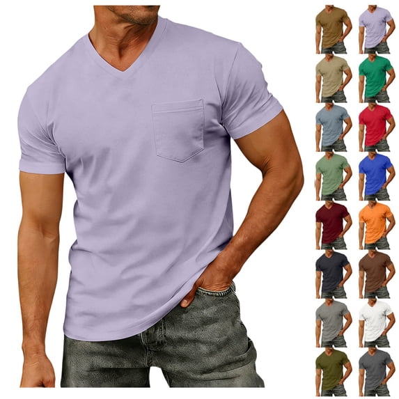 Mens V Neck T Shirts Solid Loose Basic Tee Tops with Pocket Soft Short Sleeve Casual T-Shirts,for Summer Beach and Daily Wear