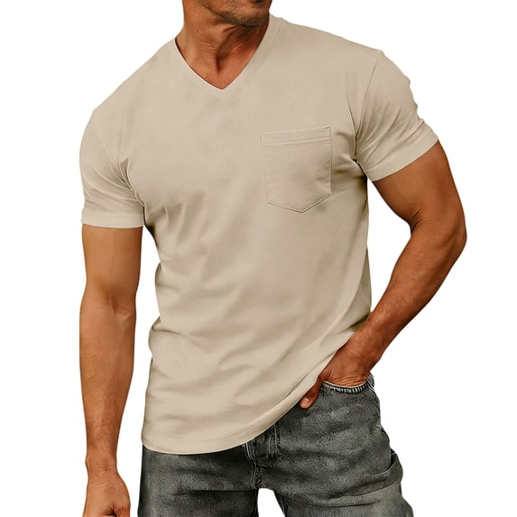 Mens V Neck T Shirts Solid Loose Basic Tees Soft Short Sleeve Casual T-Shirts with Pocket for Summer Beach and Daily Wear, L