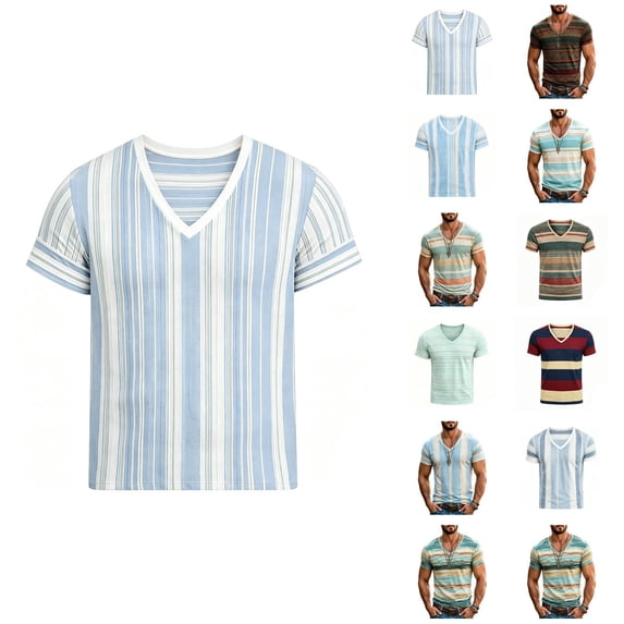 Mens V Neck T Shirts Striped Short Sleeve T-Shirts Casual Slim Fit Lightweight Summer Tops Fashion Beach Vacation Shirts