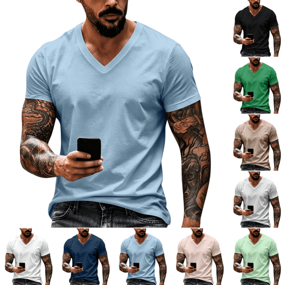 Mens V Neck T Shirts Trendy Short Sleeve T-Shirt Summer Comfy Lightweight Breathable Casual Pure Color T-Shirts Light Blue XL