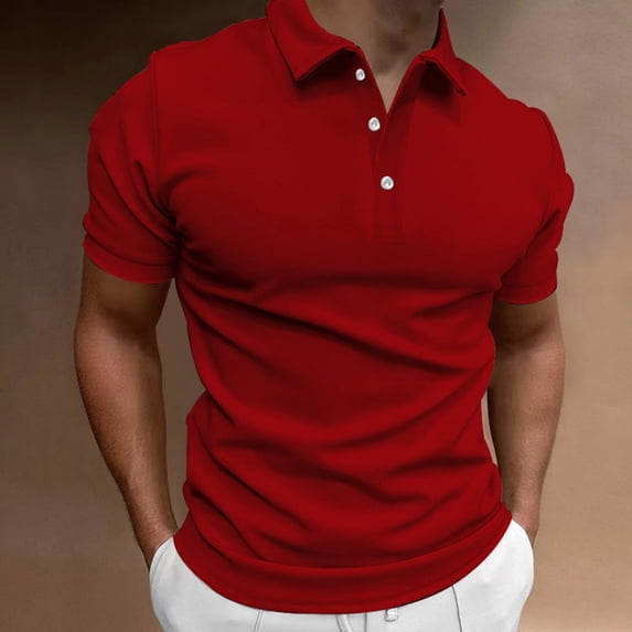 Mens V Neck Undershirts Men's Breathable T-Shirt Solid Color Classic T-Shirt Short Sleeve Button up Collar Sports Work Golf Tee Red L