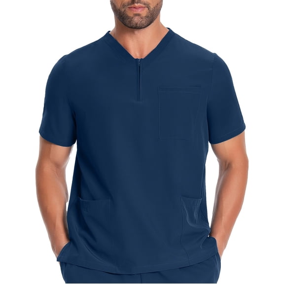 Mens V-Neck Zip Up Short Sleeve Workwear Shirt with Pocket Uniforms Nursing Work Solid Color