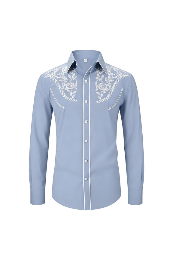 Mens Vacation Shirts Summer Western Cowboy Long Sleeve Embroidered Slim Fit Button Down with Pockets Mens Hawaiian Shirt
