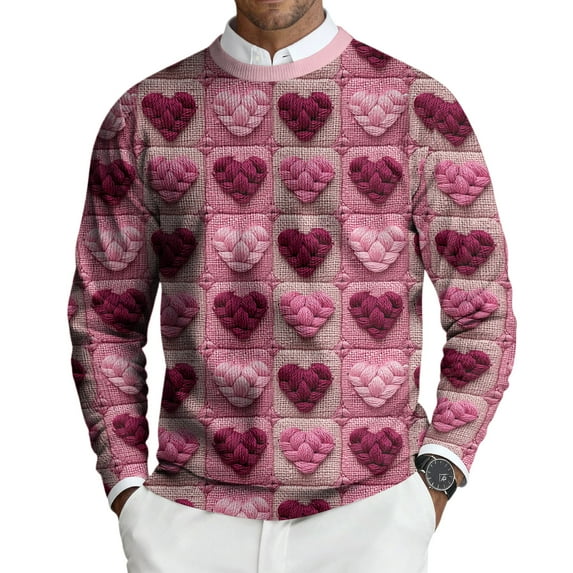 Mens Valentine's Day Pullover Stretch Long Sleeve Heart Pattern Sweater Valentine's Day Slim Fit Pullover