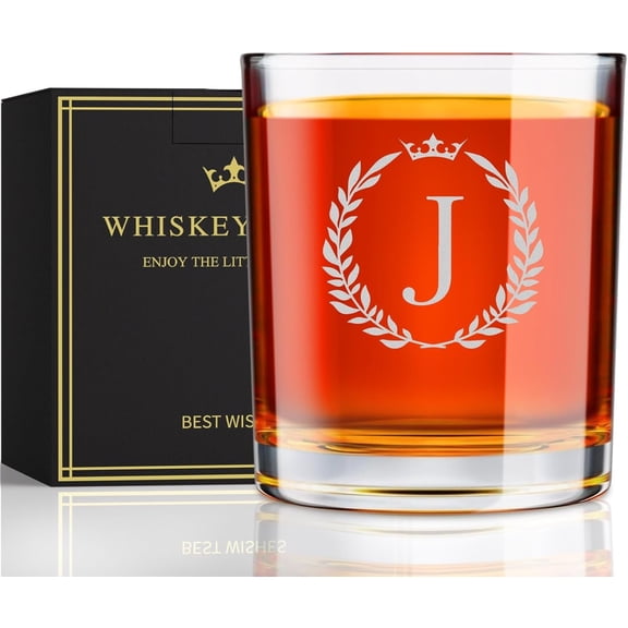 Mens Valentines Day Gifts for Him, Personalized Engraved A-Z 10.6 oz Rocks  Glass for Men,  Fathers Day Birthday Gifts for Men Him Dad Husband  Son (J)