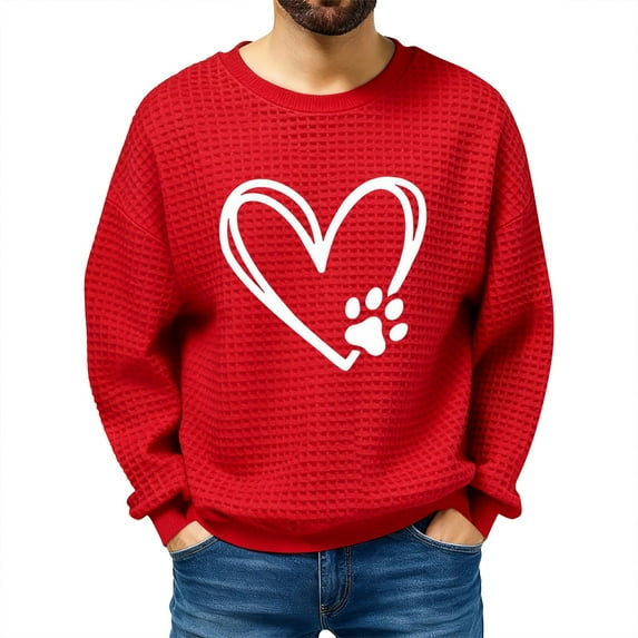 Mens Valentines Day Sweatshirts Heart Love Graphic Waffle Sweater Red Tops Casual Cute Valentine Holiday Clothing, 2XL Red