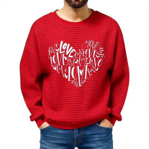 Mens Valentines Day Sweatshirts Heart Love Graphic Waffle Sweater Red Tops Casual Cute Valentine Holiday Clothing, M Red