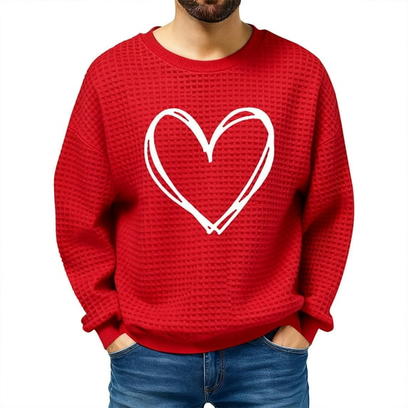 Mens Valentines Day Sweatshirts Heart Love Graphic Waffle Sweater Red Tops Casual Cute Valentine Holiday Clothing, M Red