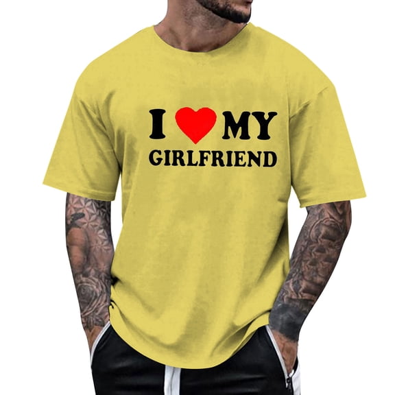 Mens Valentines T-Shirts I Love My Girlfriend Funny Cute Love Heart Printed Pullover Tees Short Sleeved Round Neck Casual Workout Tees