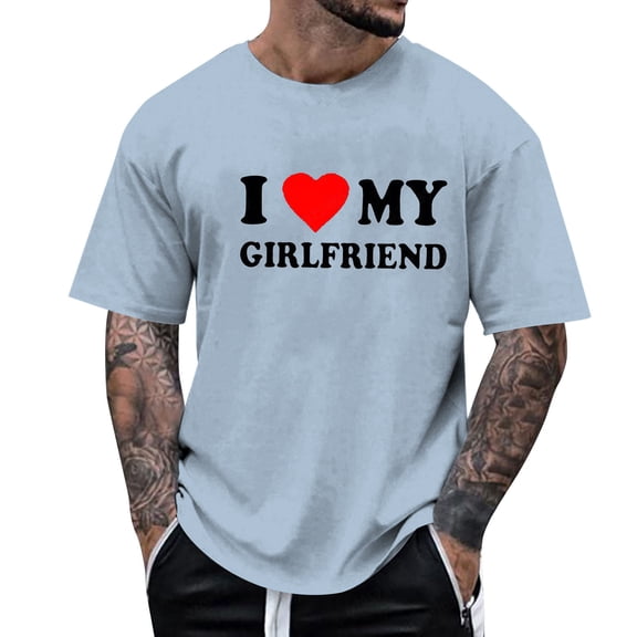 Mens Valentines T-Shirts I Love My Girlfriend Funny Cute Love Heart Printed Pullover Tees Short Sleeved Round Neck Casual Workout Tees