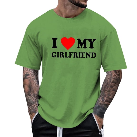 Mens Valentines T-Shirts I Love My Girlfriend Funny Cute Love Heart Printed Pullover Tees Short Sleeved Round Neck Casual Workout Tees